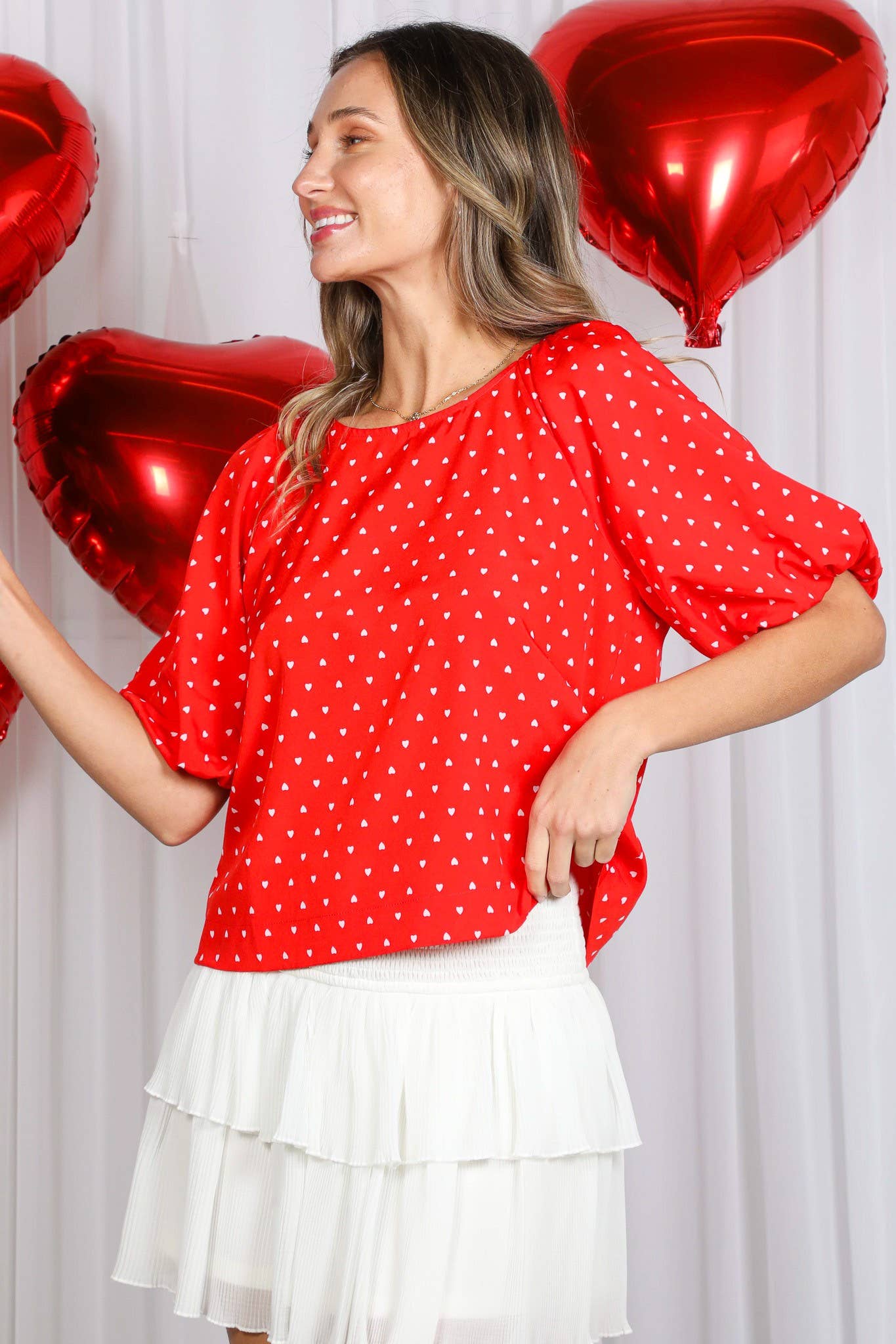 Rood Boothals Pofmouw Hartjesprint Blouse Top VT82337H voor groothandel op Faire5