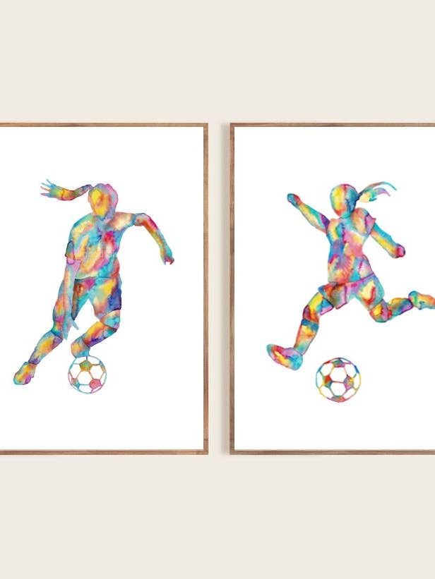 Set of 2 Soccer Girls Watercolor Painting Print for wholesale by Goodfairyart
