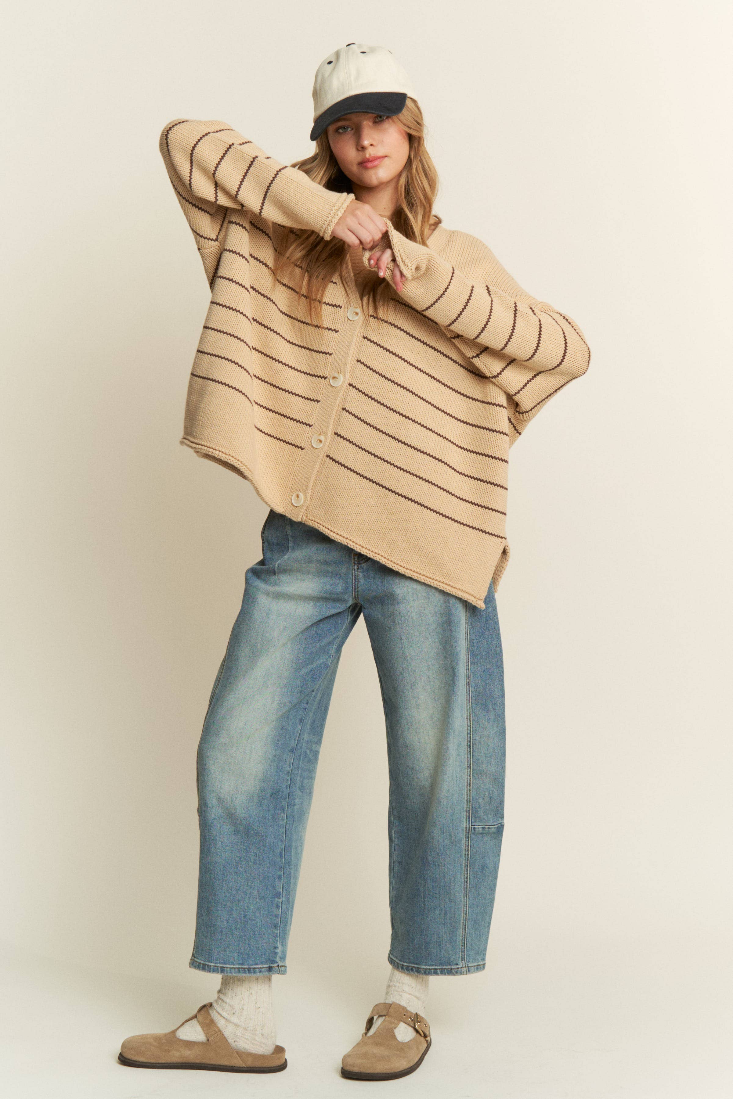 Taupe Drop Shoulder V-Neck Knit Cardigan for wholesale on Faire6