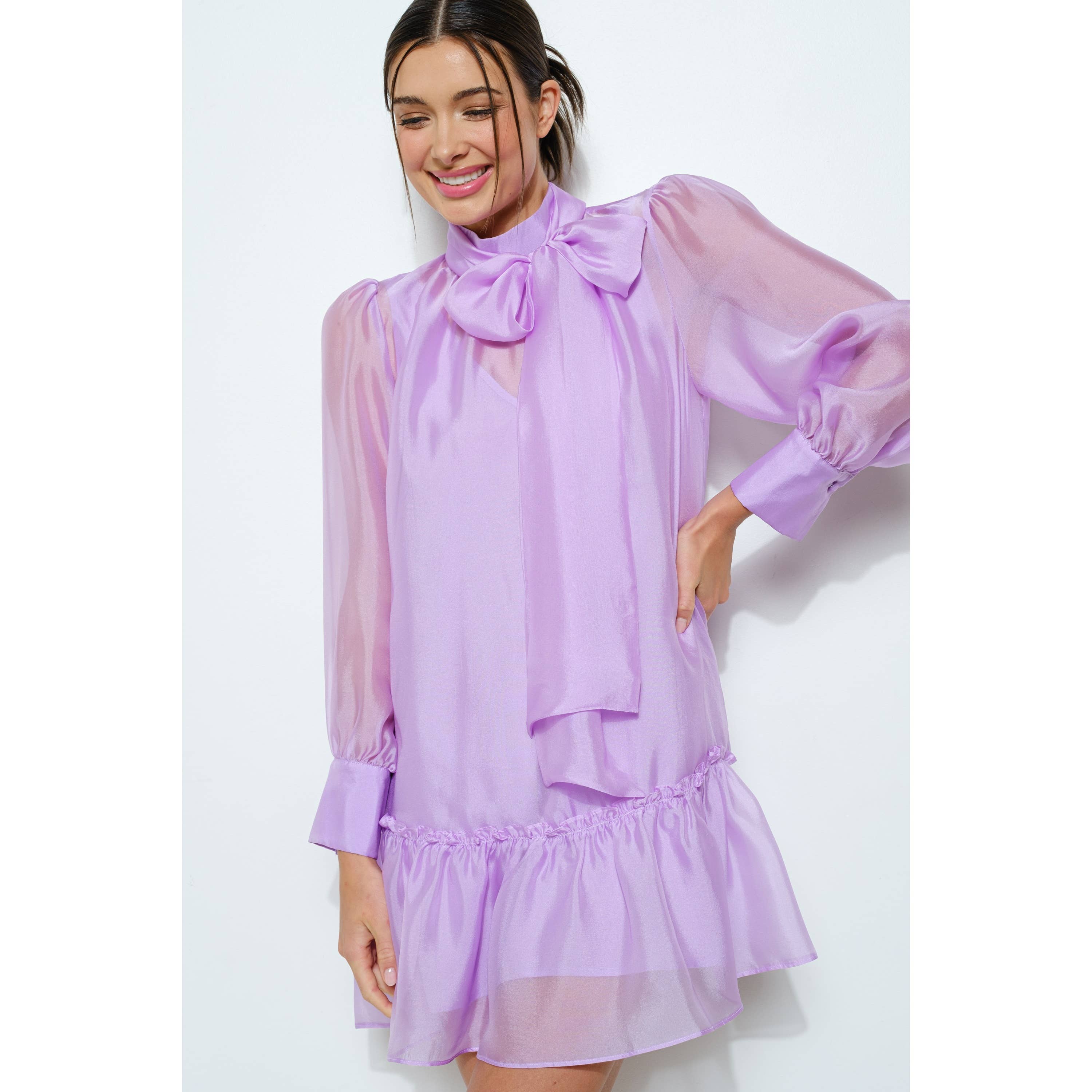 INA – Vestido - Mulher por atacado – Vestido Mini de Chiffon Pastel com Laço Transparente14
