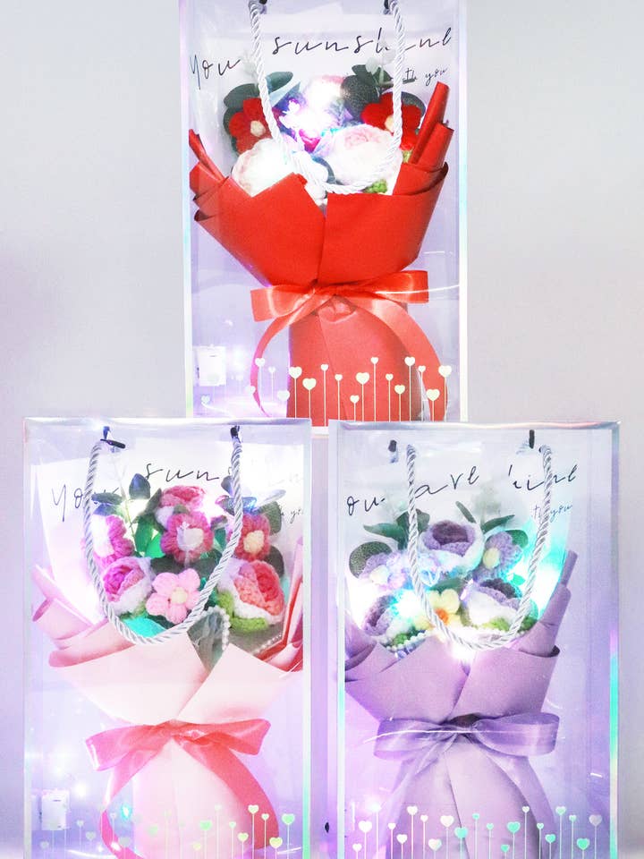 Crochet Peony Bouquet Led Gift Box - 4 Pcs for wholesale by Cap Zone