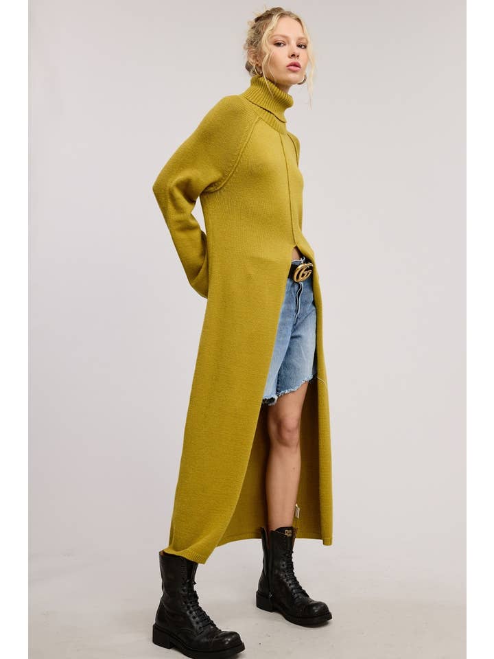 Mimosa - Wholesale Dress - Women's - Seam Detail Turtleneck Tunic Sweater Dress with Slit