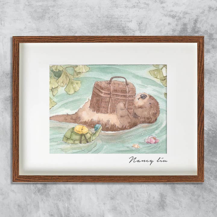 Mr. Otter Swims With Lil Turtle | Watercolour Art Print for wholesale by NananStudio