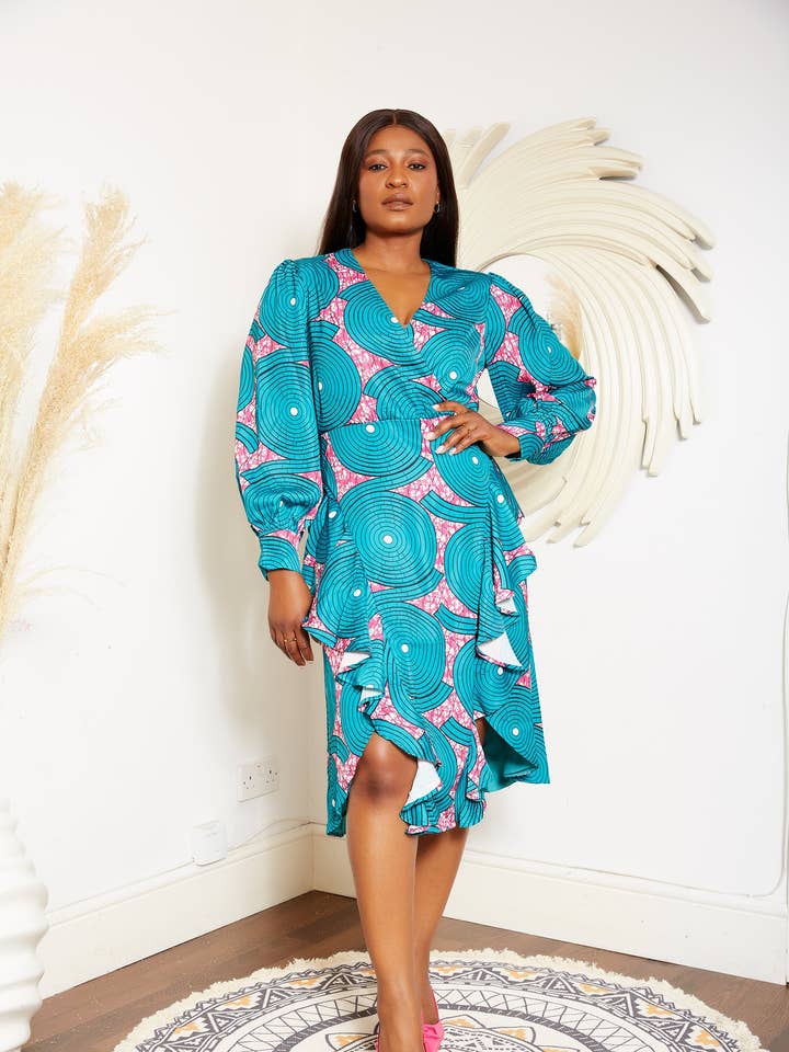 African Print Silk Midi Faux Wrap Dress - Imani for wholesale by CUMO London