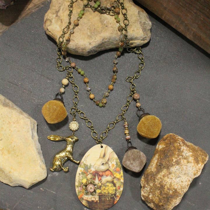 Flower Garden Olive Bunny Charm'd Necklace for wholesale by The Primitive Peddler, Inc.