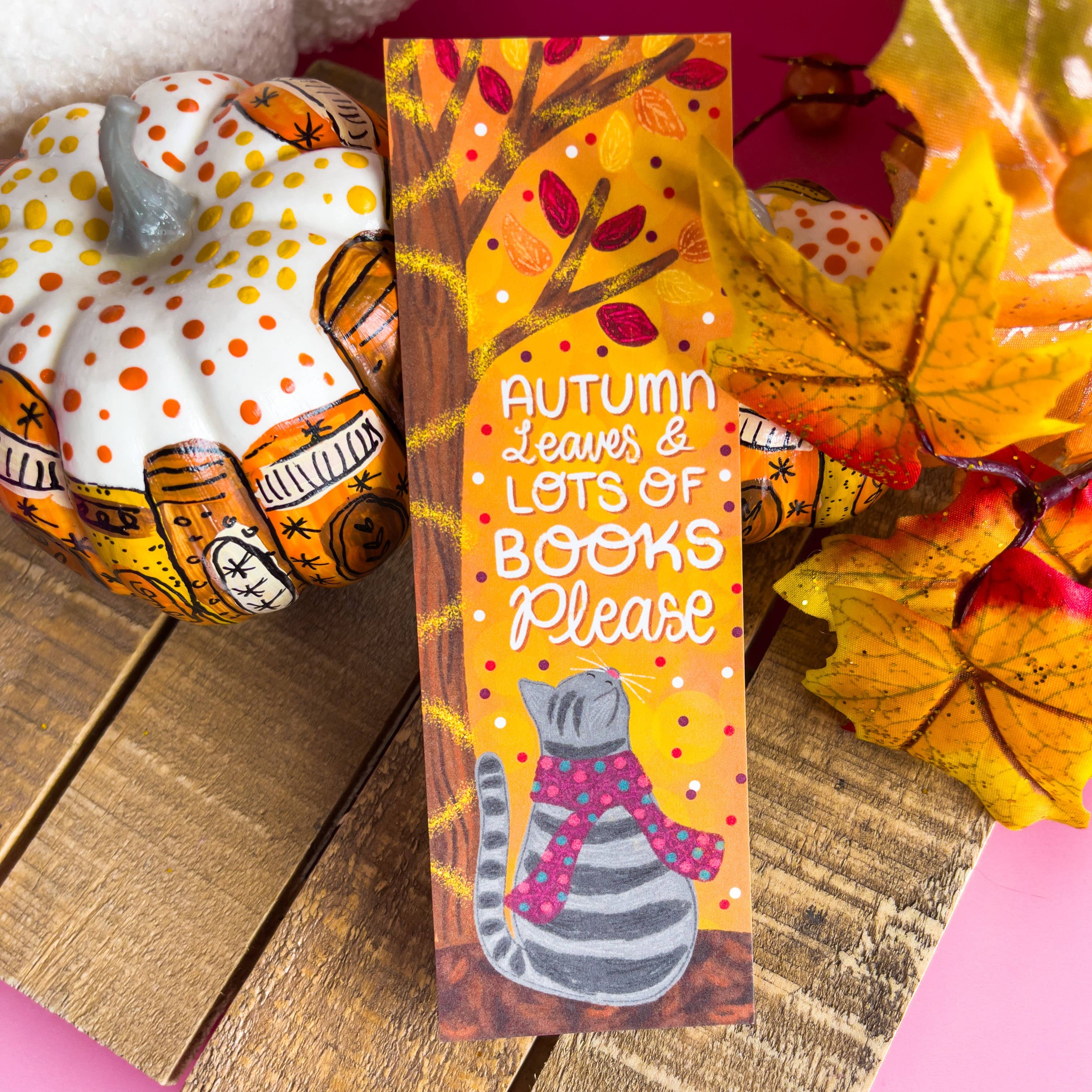 Emily Cromwell Designs - Wholesale Bookmark - Autumn Leaves and Lots of Book Please Cat Bookmark4