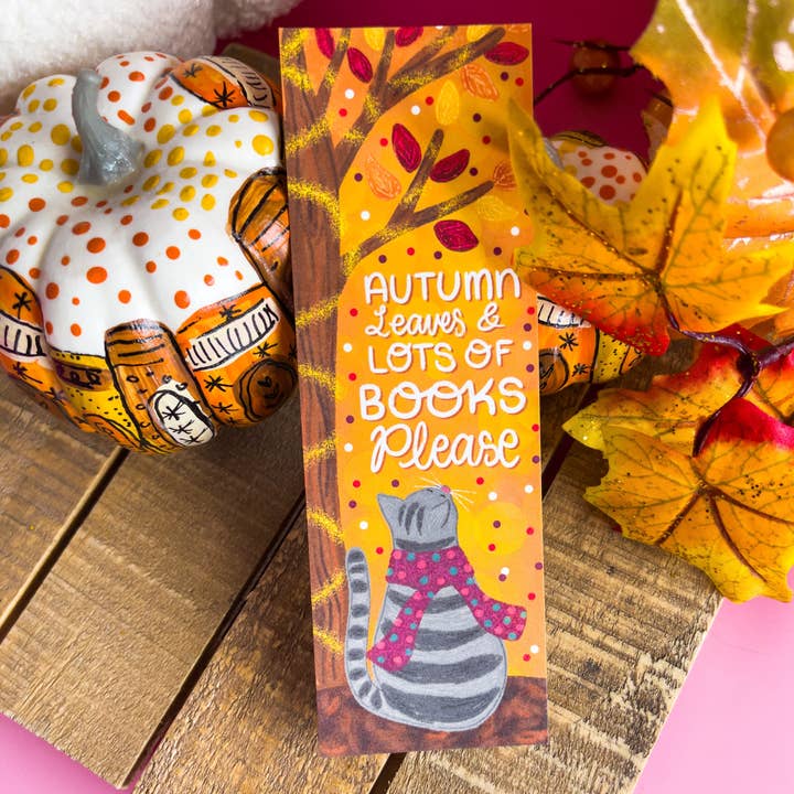 Emily Cromwell Designs - Wholesale Bookmark - Autumn Leaves and Lots of Book Please Cat Bookmark4