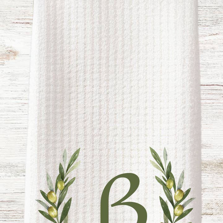 Cottage & Club - Wholesale Tea towel - Personalized Olive Branch Tea Towels - Set of Two with Family Name and Monogram4