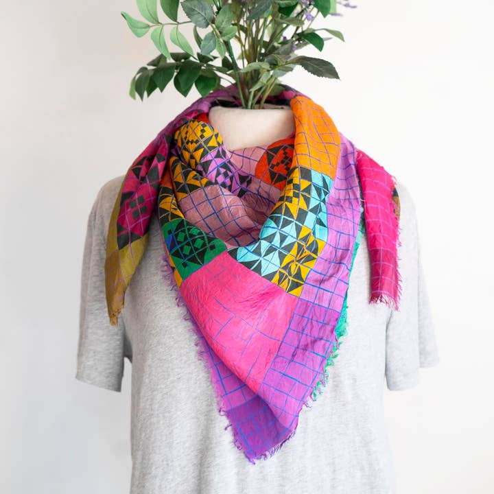 Made Wherever I Am - Wholesale Scarf - Unisex - Autumn on the Plains Patchwork - Pure Silk Wild Rag Scarf