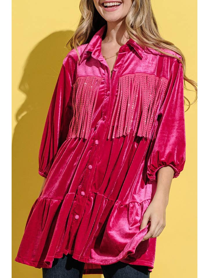 ROUSSEAU - Wholesale Tunic - Women's - SOLID VELVET 3/4 SLEEVE BUTTON DOWN FRINGE TUNIC1