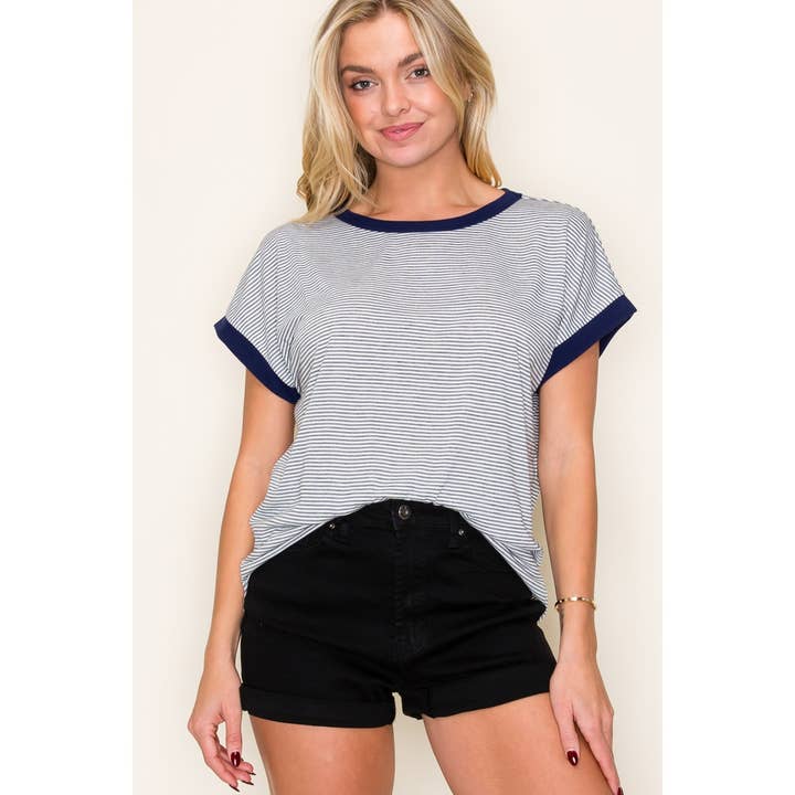 STACCATO - Wholesale Knit Top - Women's - COLOR TRIMMED PINSTRIPE TOP