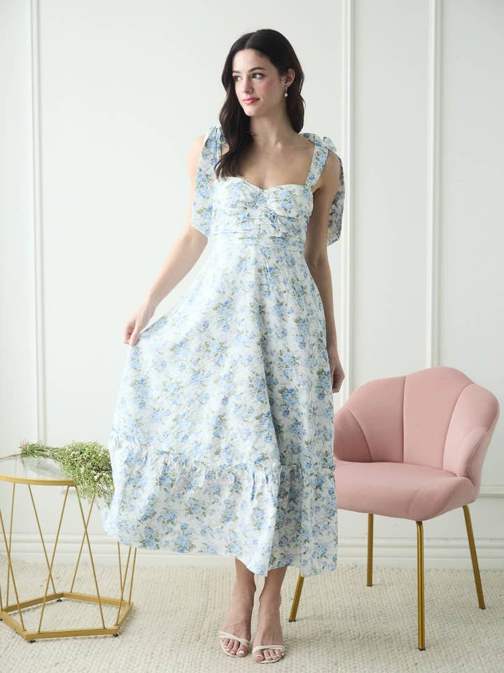 Blu Pepper - Wholesale Dress - Women's - FLORAL TIE STRAP RUCHED DETAIL MAXI DRESS