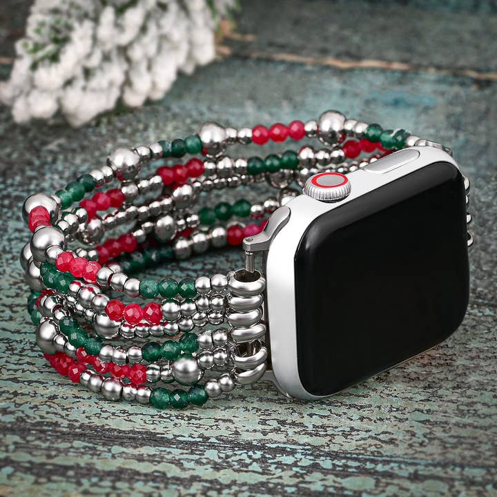Free Spirit Shop - Venta al por mayor Correas de reloj - Mujer - Correa para Apple Watch Holiday Sparkle con cuentas rojas, verdes y plateadas