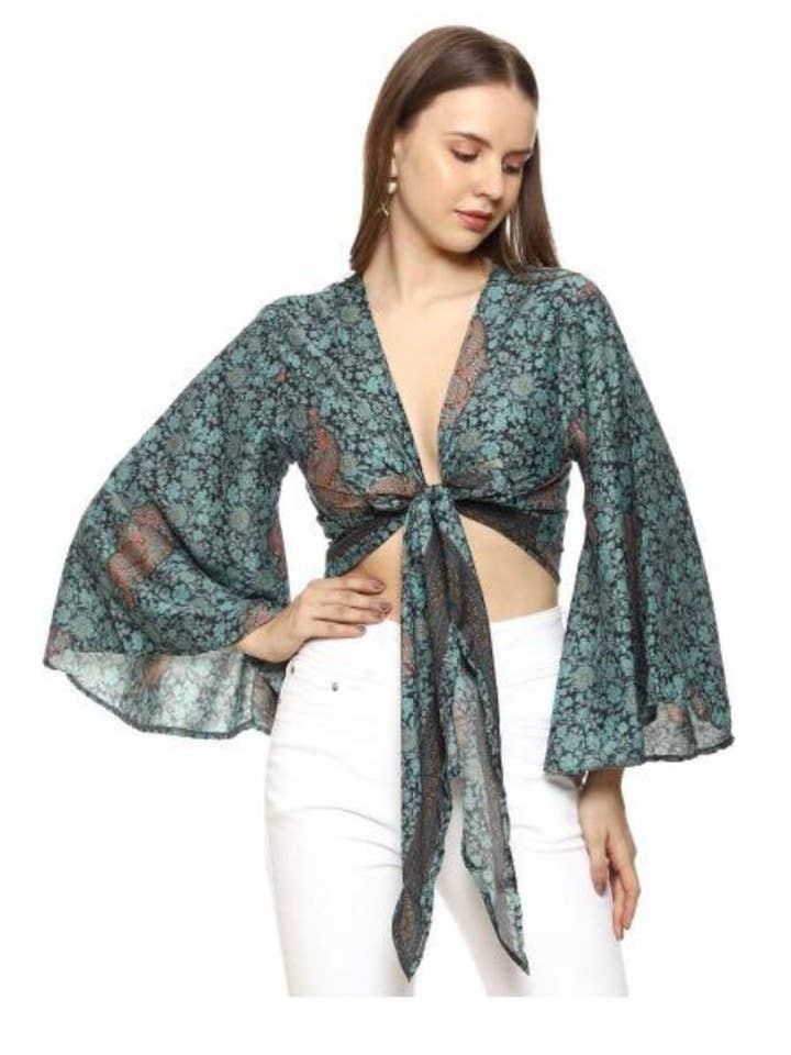 Kvinders TieWrap Front V hals langærmet turkis afgrøde Top for engroshandel hos NEOSTITCH LLC