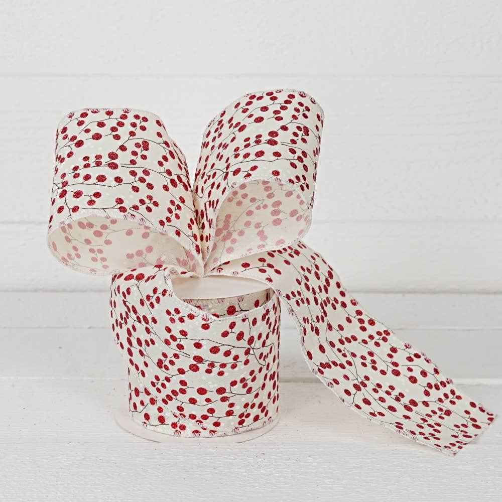Holiday Depot Inc. - Wholesale Ribbon - Gift Wrapping - R32965-Wired Ribbon-Cream Burlap w. Red Berries (4inW)1