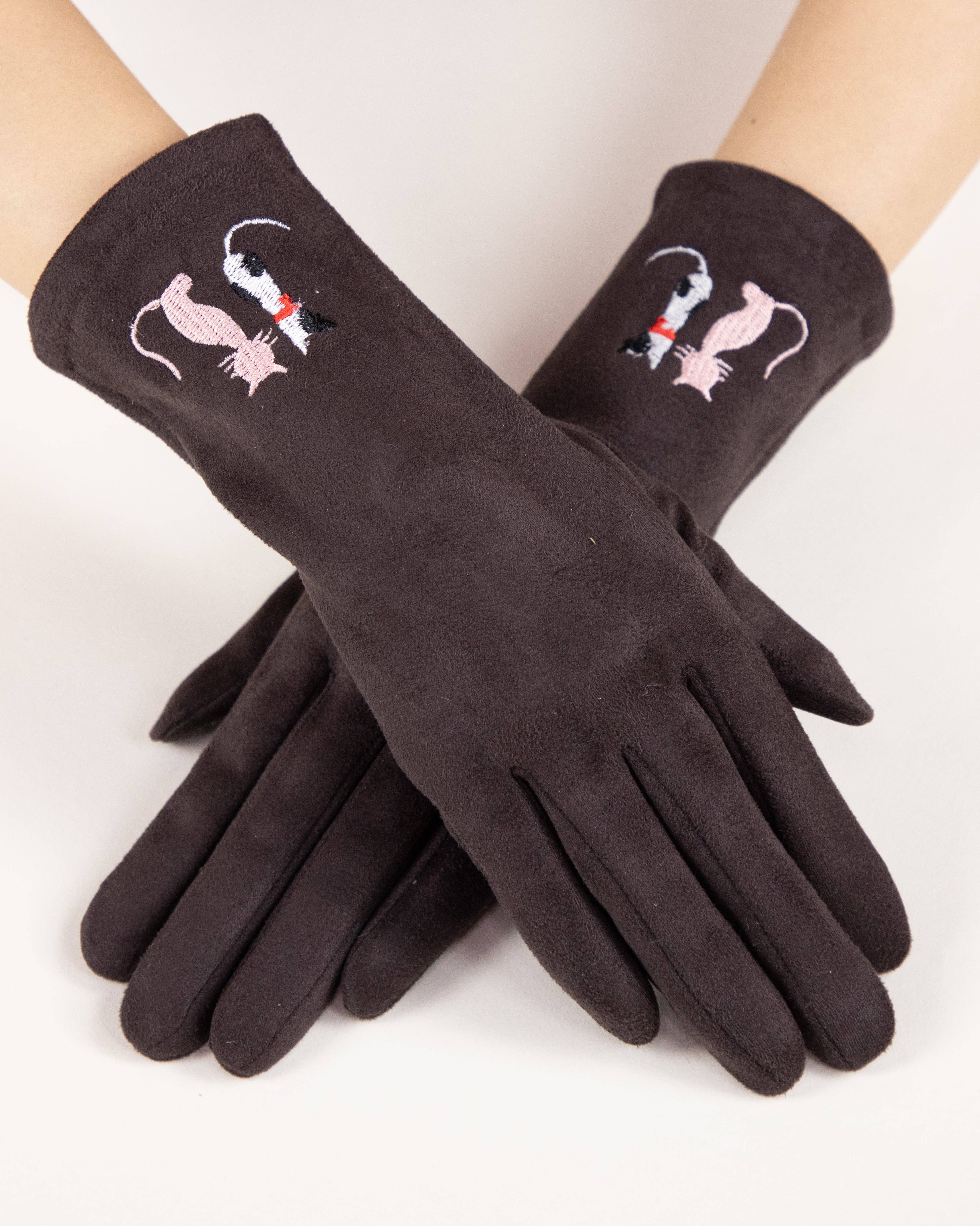 Original USA - Vente Gants – femme - Gants brodés de chat en faux suède (TS)0