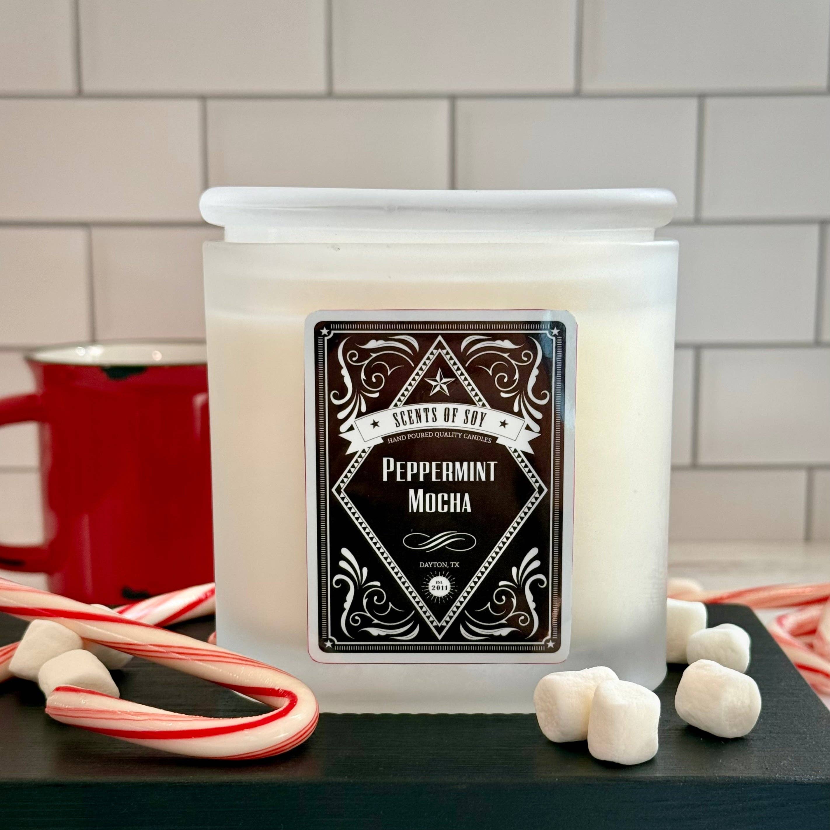 Scents Of Soy Candle Company - Wholesale Jar/Filled Candle - Peppermint Mocha Frosted Oval Glass Soy Candle