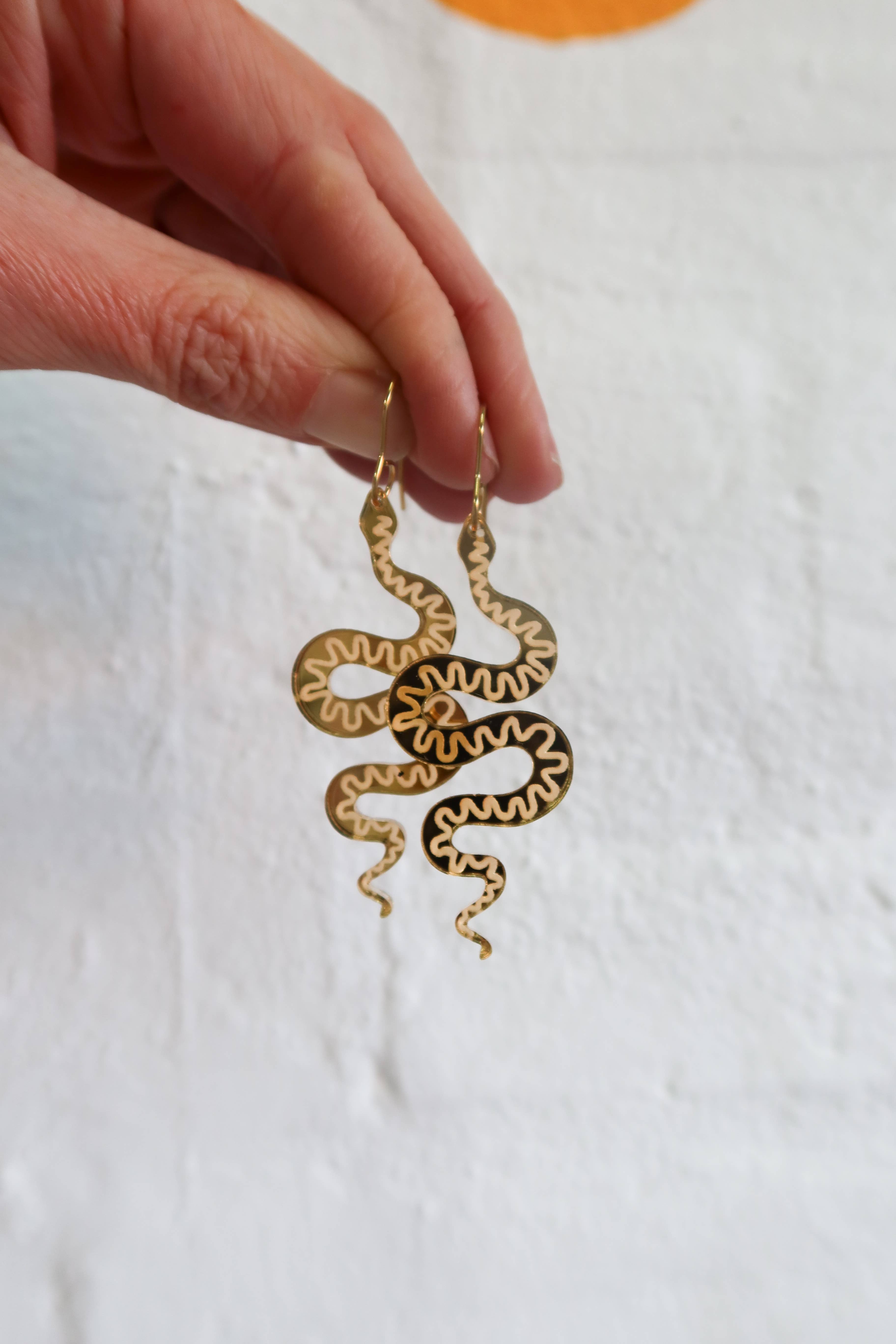 Pink Nade - Wholesale Dangle earrings - Snake Mirror Gold Squiggle Dangle Earrings