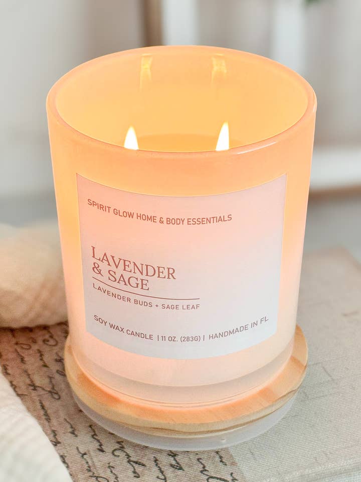 Lavender & Sage -11oz. Iridescent White Glass Soy Candle for wholesale by Spirit Glow Home & Body Essentials