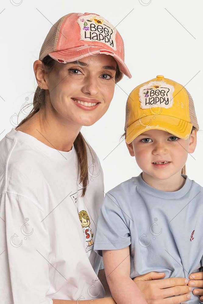 Hana - Wholesale Baseball Cap - Kids - C.C Kids Distressed Bee Happy Patch Pony Cap12