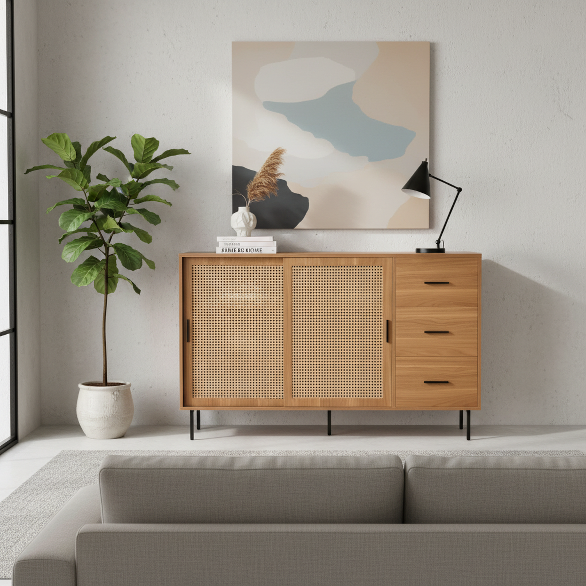 Urban Meuble - Wholesale Cabinet - Vintage sideboard with wood effect, 2 sliding doors in woven rattan, and 3 drawers PROPOLIS2