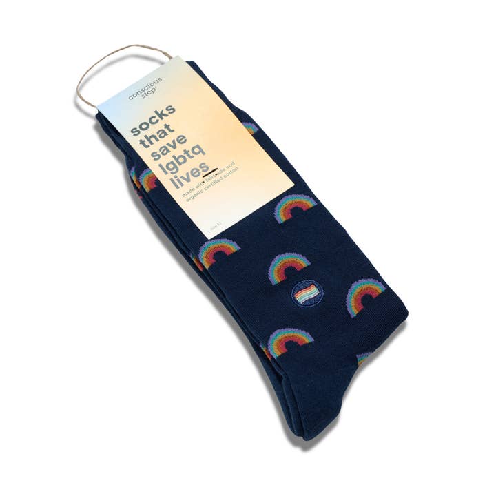 Conscious Step - Wholesale Socks - Unisex - Socks that Save LGBTQ Lives (Navy Rainbows)1