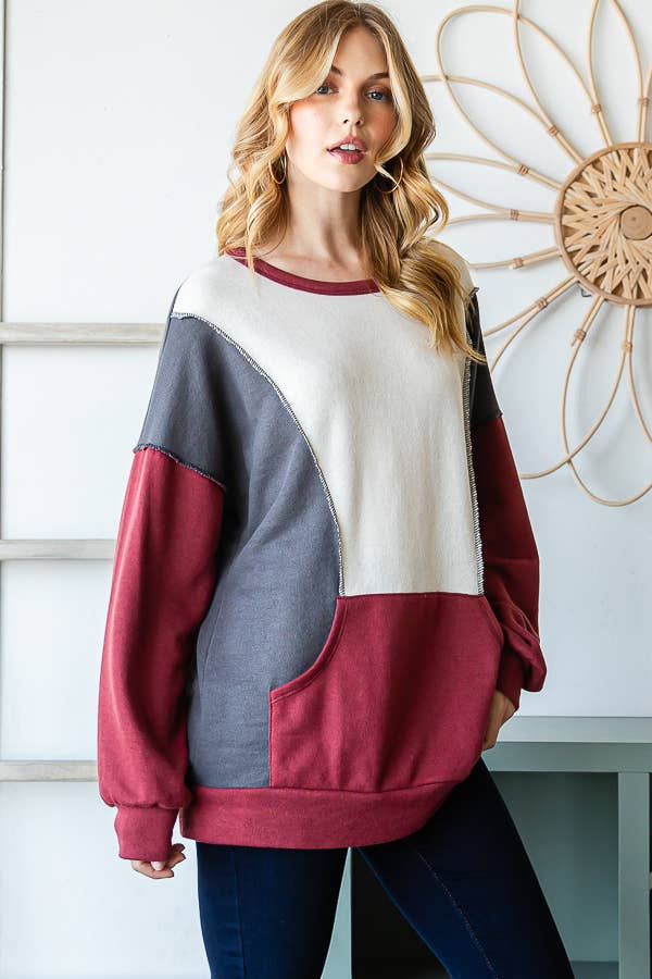 7th Ray - Wholesale Knit Top - Women's - Color Block Front Pocket Oversized Long Sleeve Top T53452