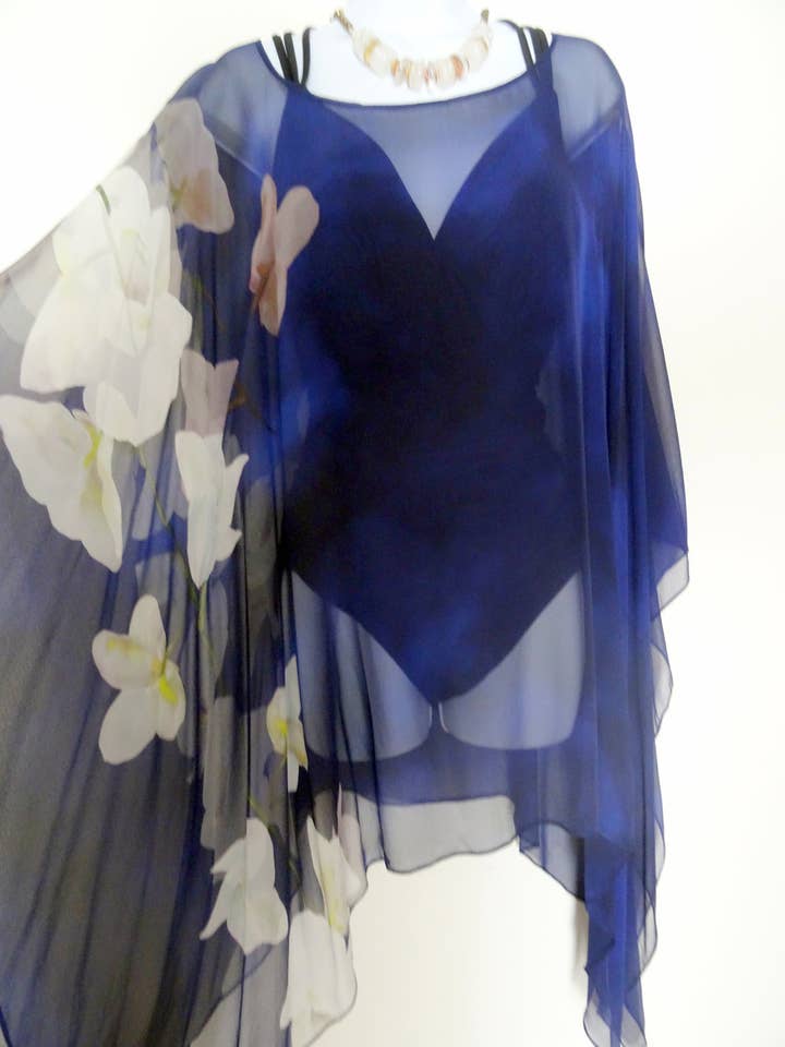 Orchid Spray Navy - Poncho - Coverup - Caftán para venta al por mayor de Silk Squirrel