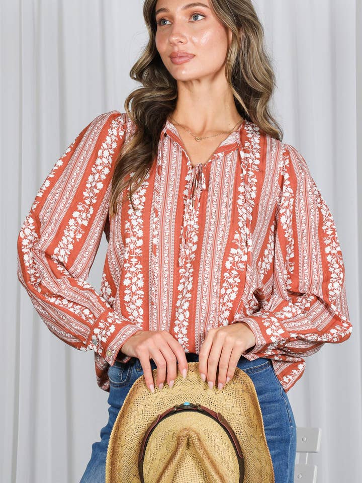 Split Round With Tie Vertical Floral Blouse Top VT82812A for wholesale by Vine & Love