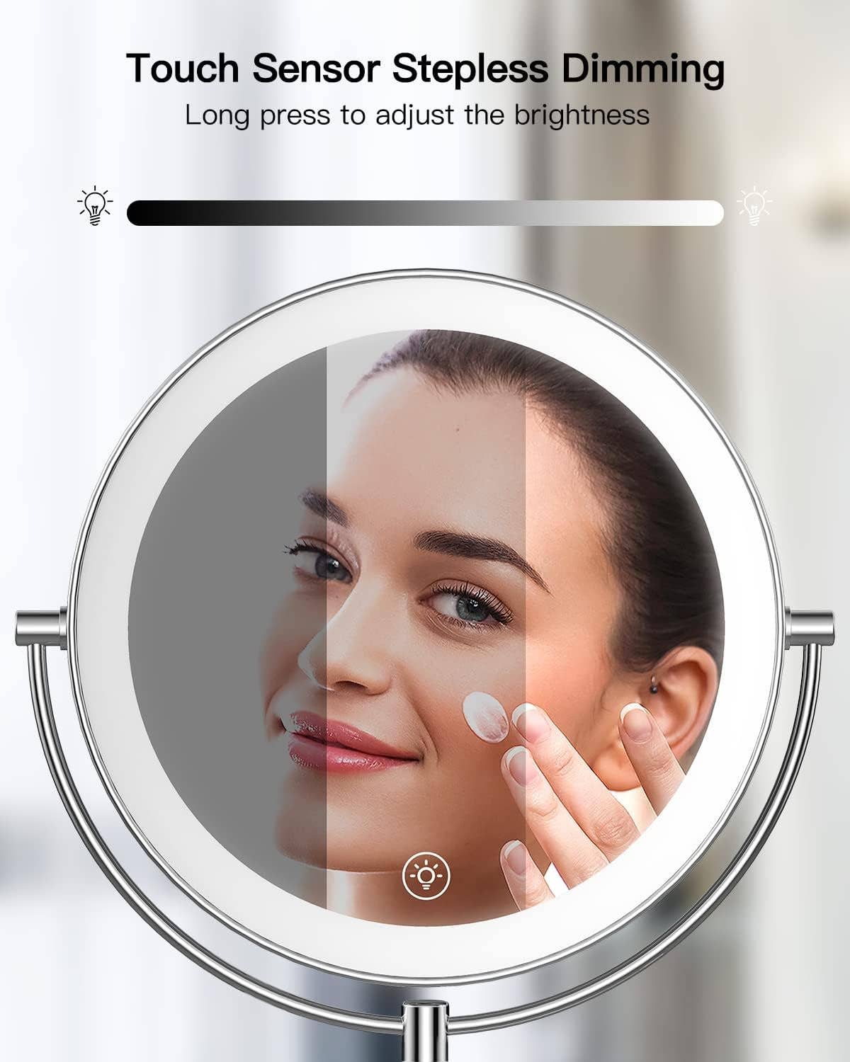 Silvery 9 Inch Wall Mounted Lighted Magnifying Mirror 1X 10X LED for wholesale on Faire4