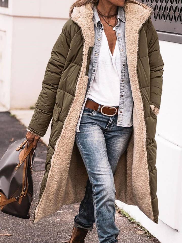 Long Hooded Puffer Coat with Quilted Design for wholesale by Fleurworld