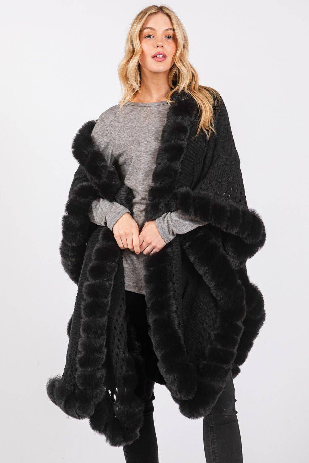 MiMi Wholesale - Wholesale Cape - Women's - MS0408 Faux Fur Trim Cape With Closure0