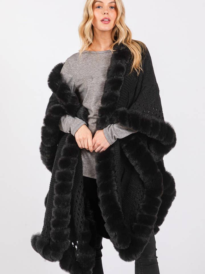 MiMi Wholesale - Wholesale Cape - Women's - MS0408 Faux Fur Trim Cape With Closure
