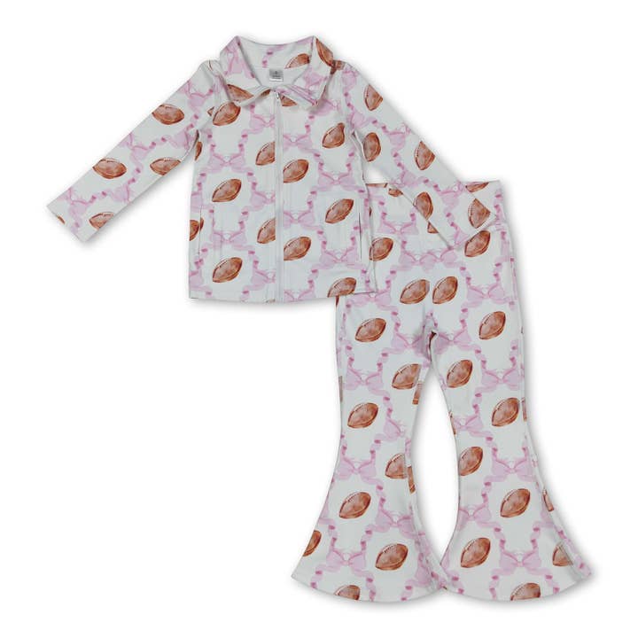 Pink bow football zip jacket pants girls yoga clothes for wholesale by Yawoo Garments