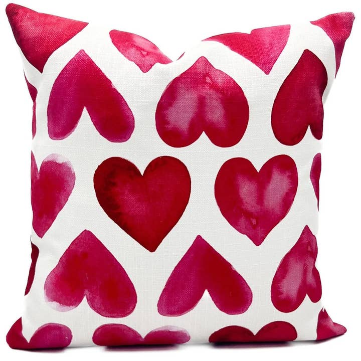Red Watercolor Hearts Pillow for wholesale by Rachel Brooks Design, LLC
