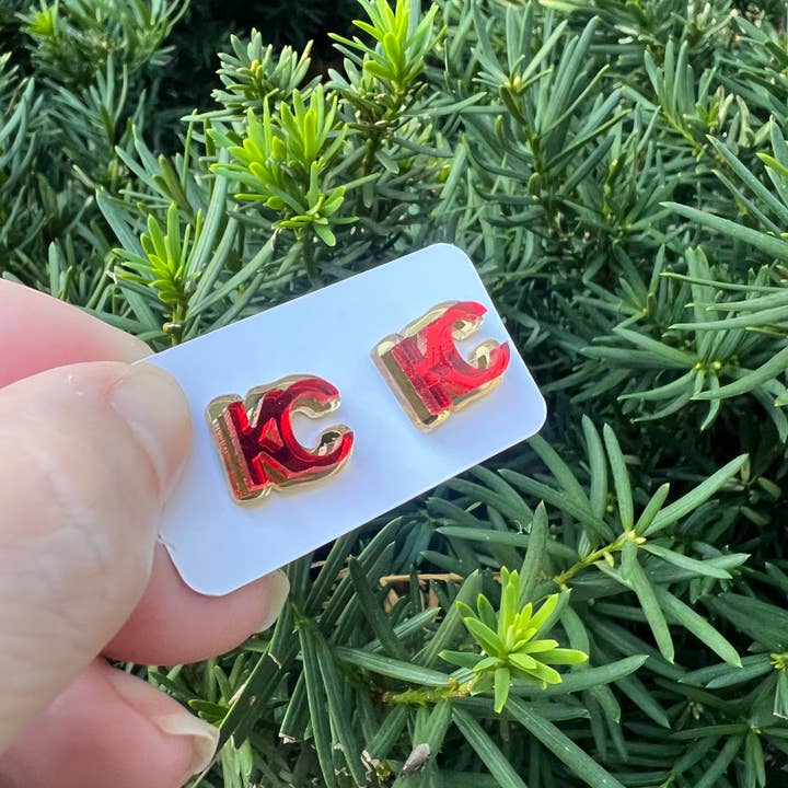 Baubles by B - Wholesale Stud/Post Earrings - Gold and Red KC Kansas City Chiefs Mirrored Stud Earrings3