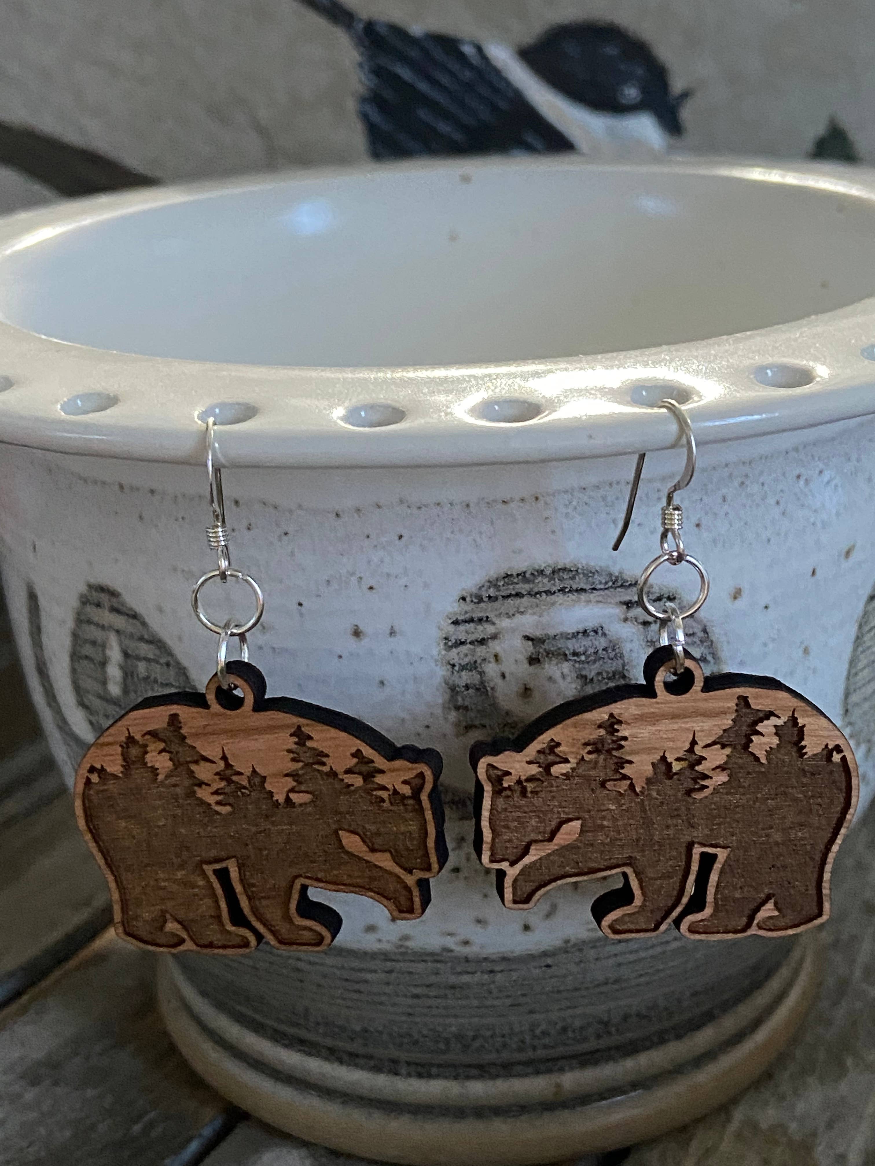 Chickadee Creations - Wholesale Dangle Earrings - Cherry wood earrings, engraved trees in bear shape2