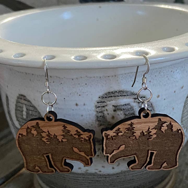 Chickadee Creations - Wholesale Dangle Earrings - Cherry wood earrings, engraved trees in bear shape2