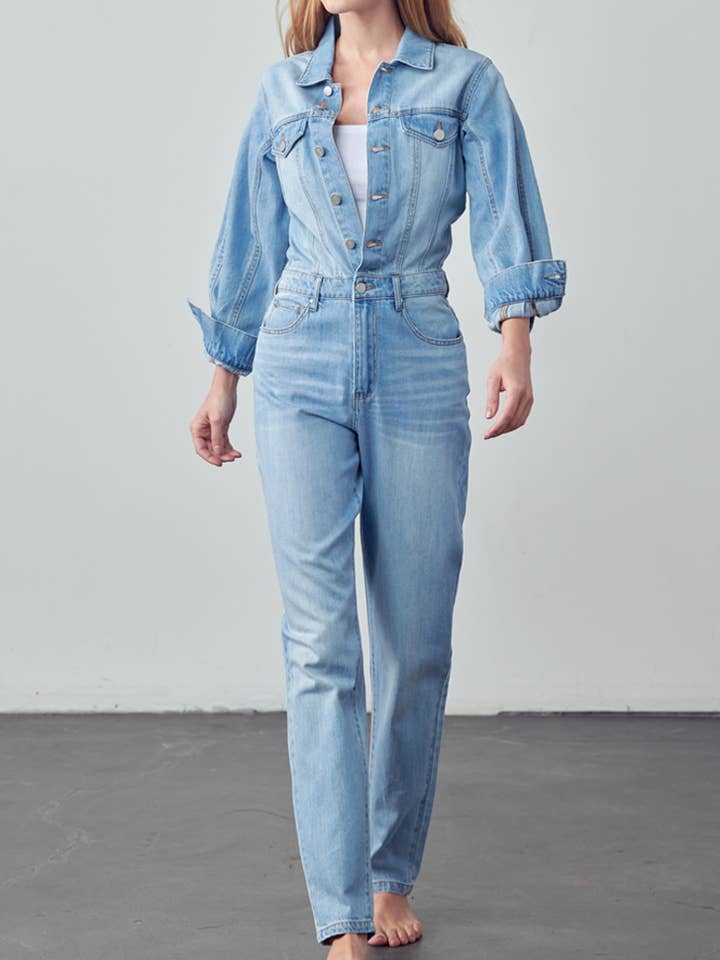 MEDIUM Collared Button-Front Balloon Sleeve Denim Jumpsuit for wholesale on Faire0