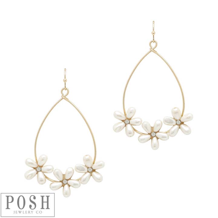 Gold teardrop earring with pearl flowers, last call for wholesale on Faire