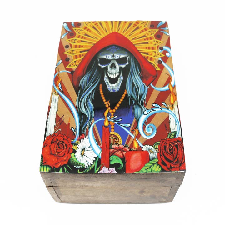 Caja de almacenamiento de madera (6 x 4 pulgadas) - Santa Muerte (marrón) para venta al por mayor de Designs by Deekay Inc.