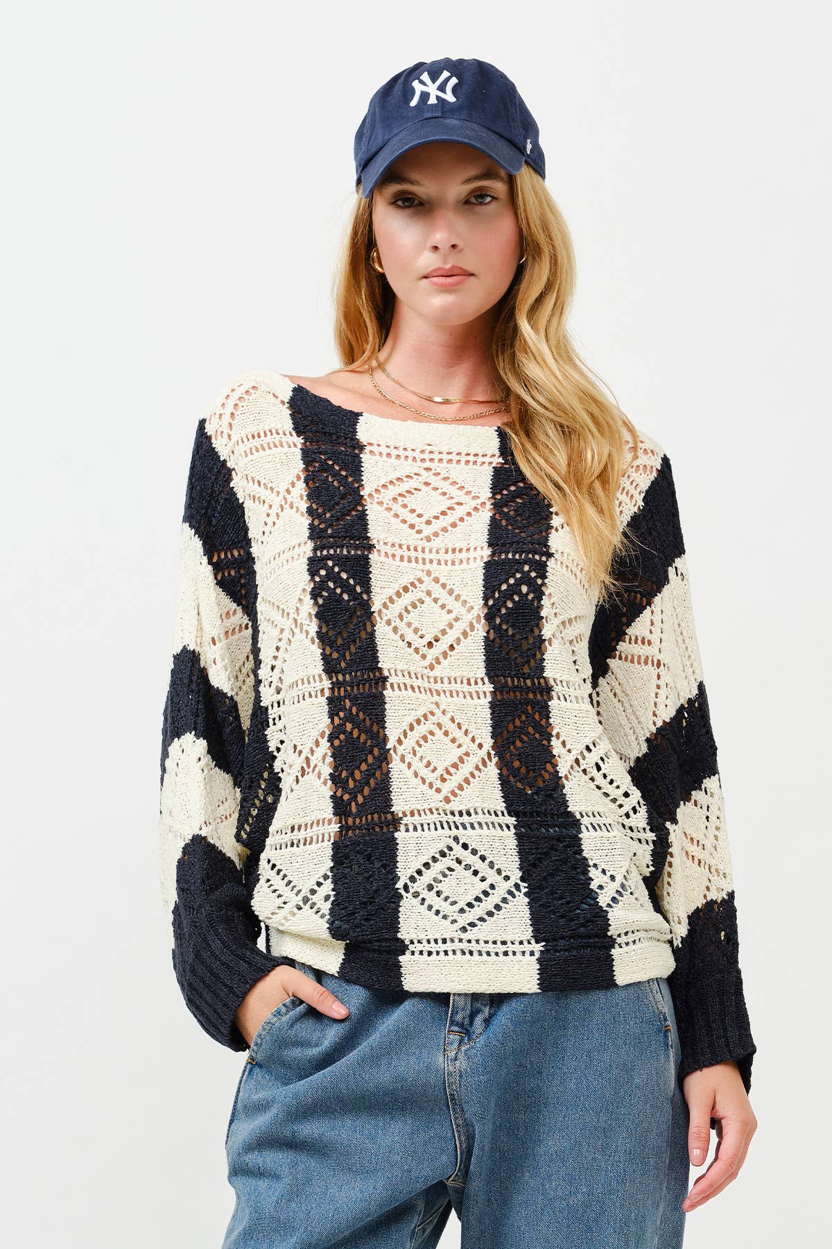 Ivory Navy Open Knit Crochet Sweater for wholesale on Faire5