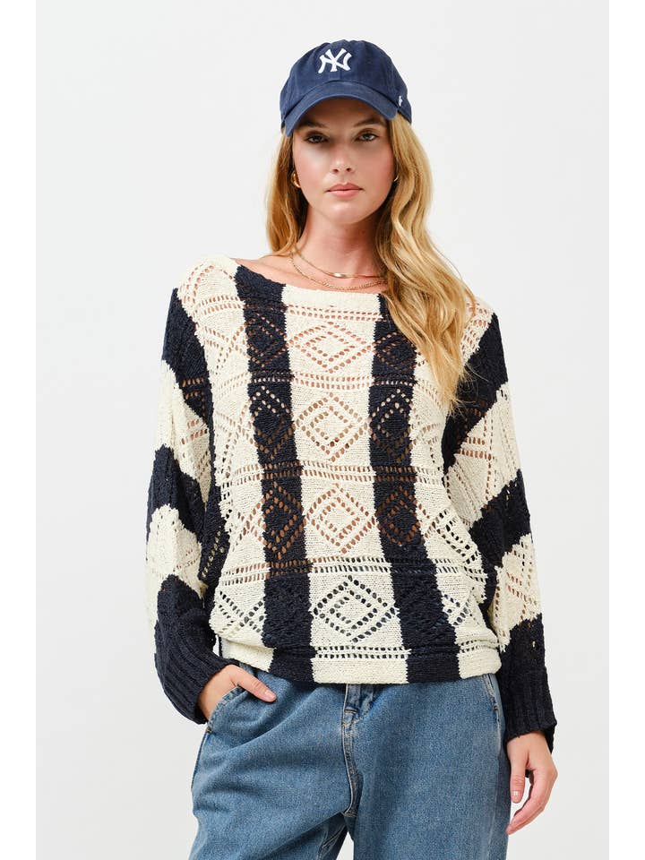 Ivory Navy Open Knit Crochet Sweater for wholesale on Faire5