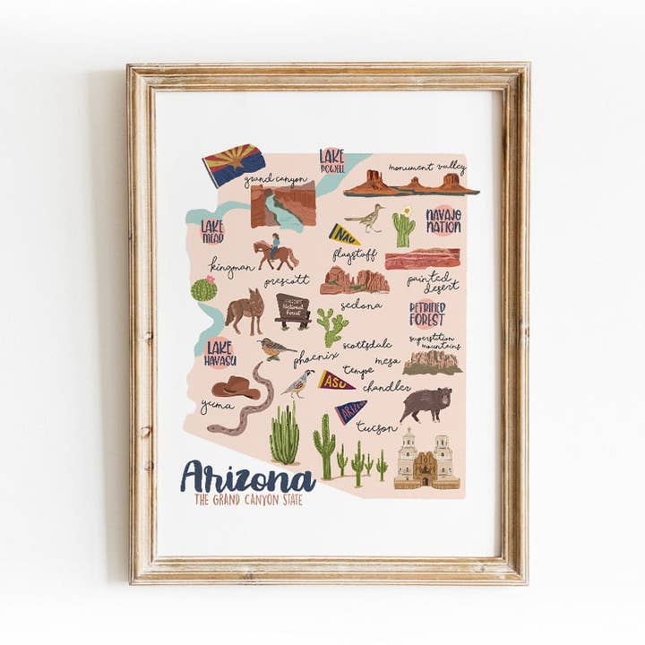 State of Arizona Illustrated Map Art Print for wholesale by VimAnnVigor