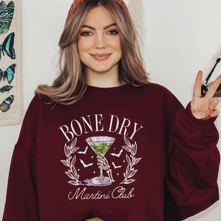 P E T I T R U E - Wholesale Graphic Sweatshirt - Women's - Bone Dry Martini Club" Halloween Sweatshirt Skeleton Graphic3