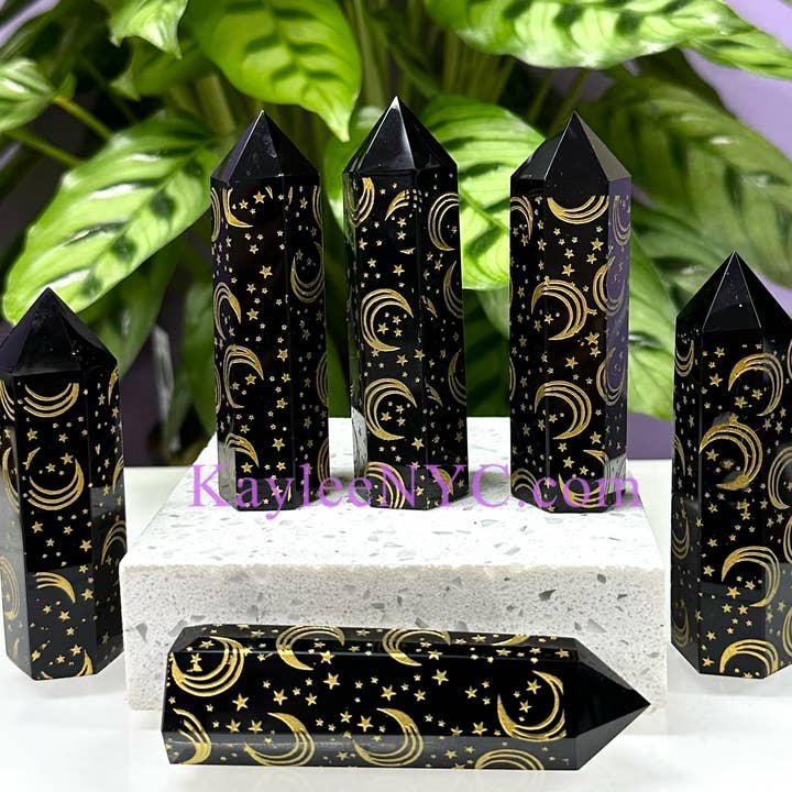 KayleeNYC - Wholesale Spiritual Stone/Crystal - 1 Lb Natural Black Obsidian Etched Moon & Star Tower