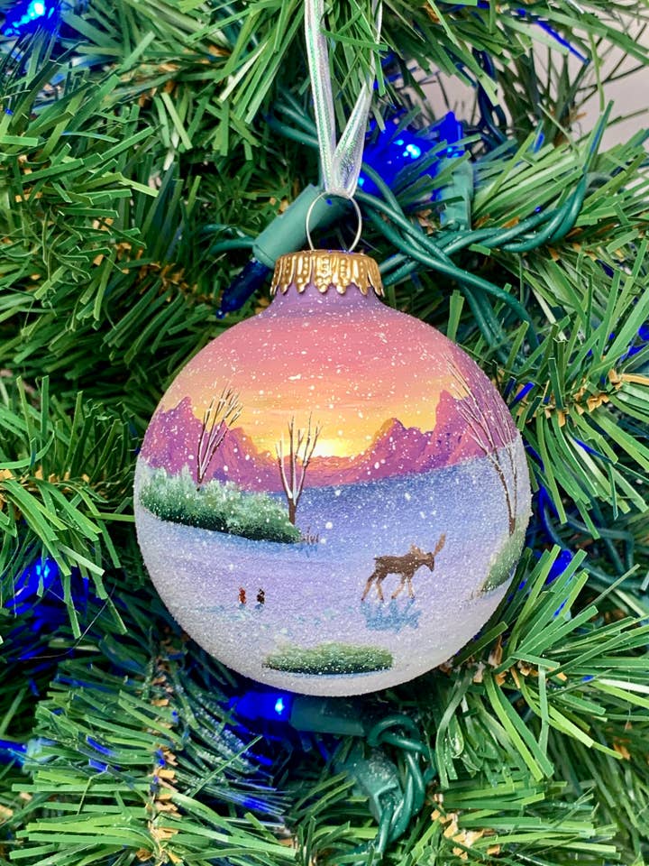 Ornamento Sunset Alce Pintado à Mão e Montanhas por atacado de Art with Elise