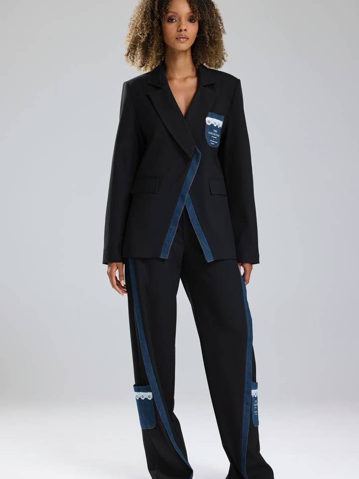 Set Blazer Oversize Nero e Pantaloni a Gamba Larga-Patchwork per la vendita all'ingrosso da parte di DesignofBoho