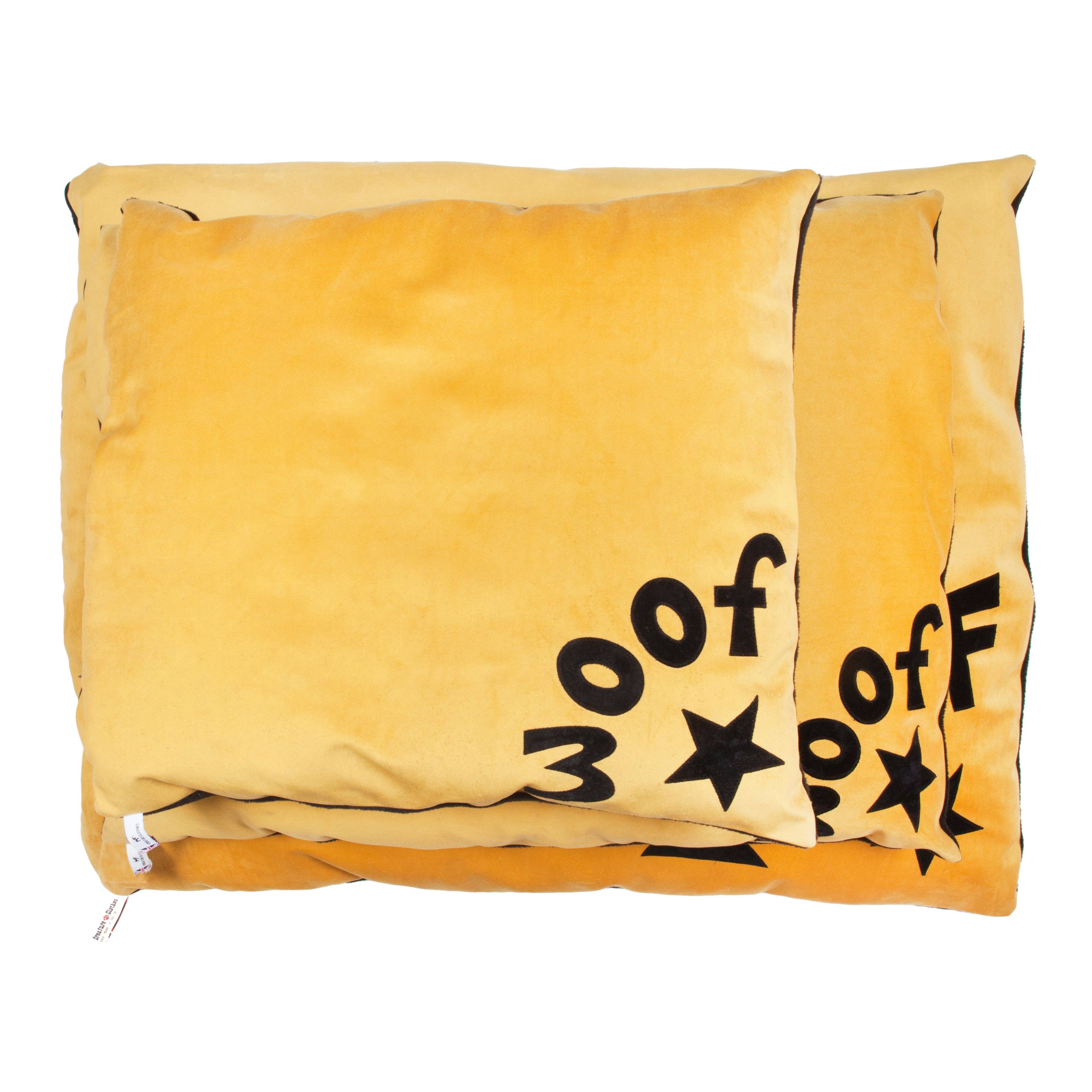 Creature Clothes - Wholesale Pet Bed - Dog - Dog bed in mustard velvet with black WOOF letters and star detail1