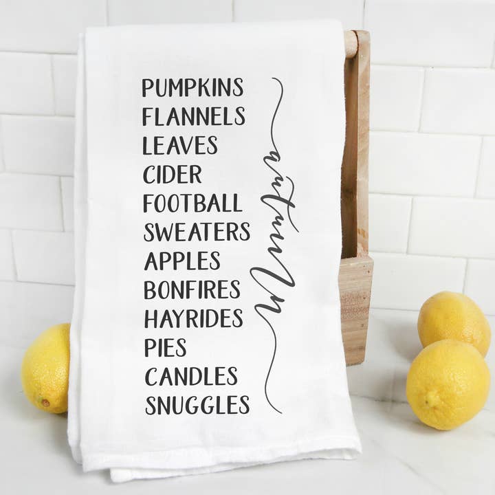 Autumn Words Tea Towel for wholesale by Emma and the Bean